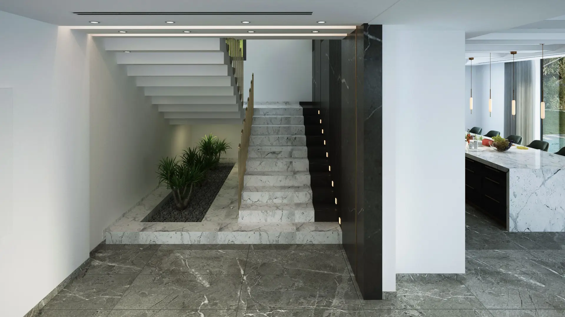 Minimalist architectural interior with sculptural staircase and tailored natural light