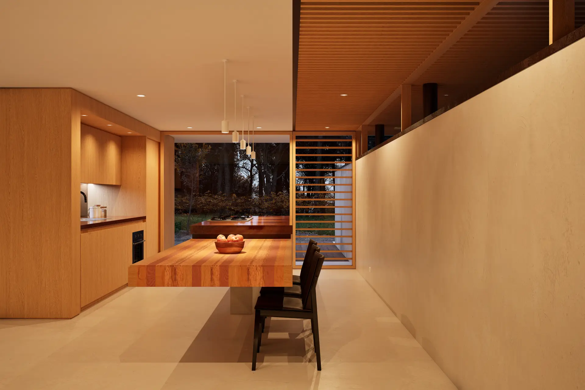 Sculptural ambient lighting highlighting natural timber textures and architectural wall details