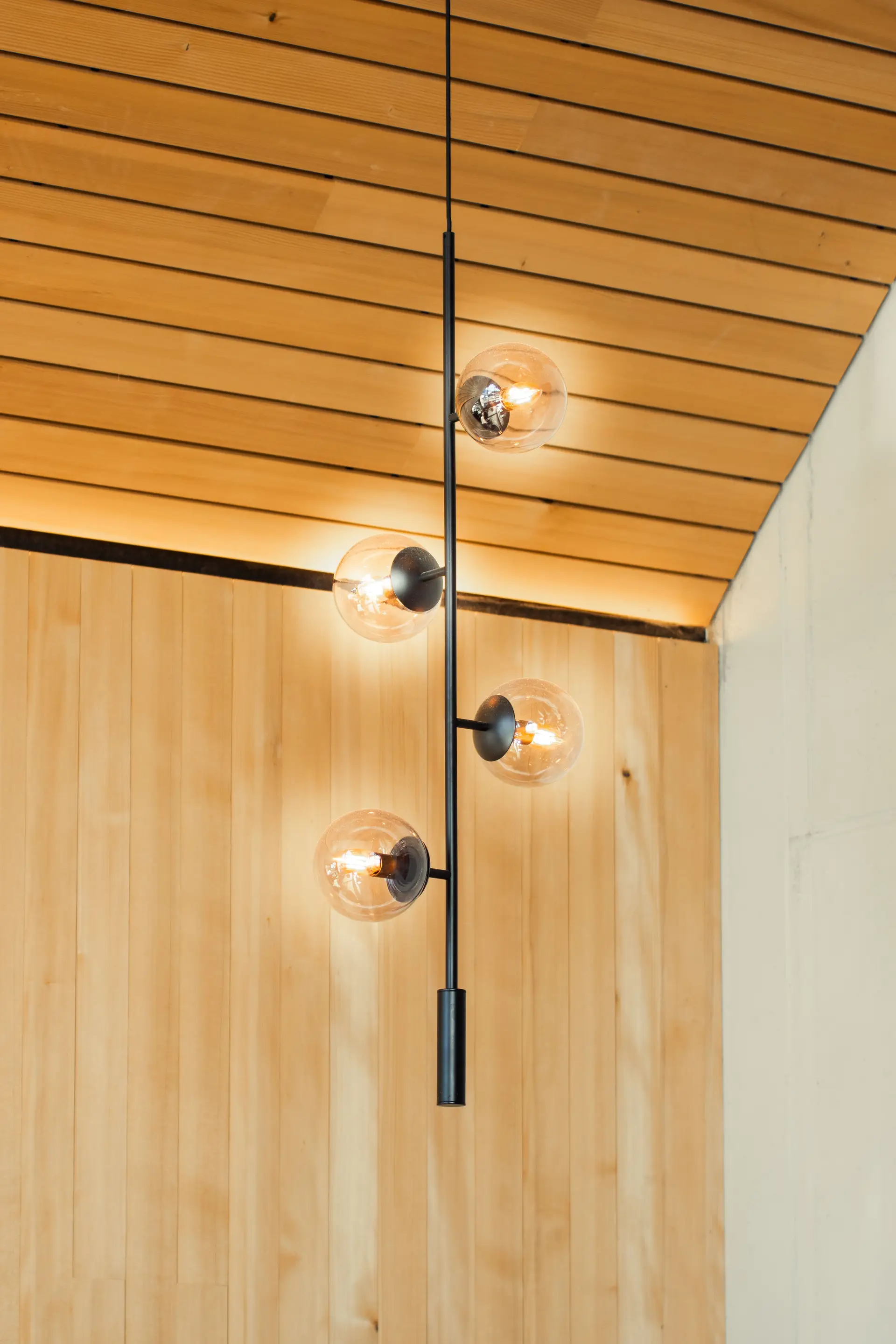 Contemporary directional fixture against rich natural timber ceiling