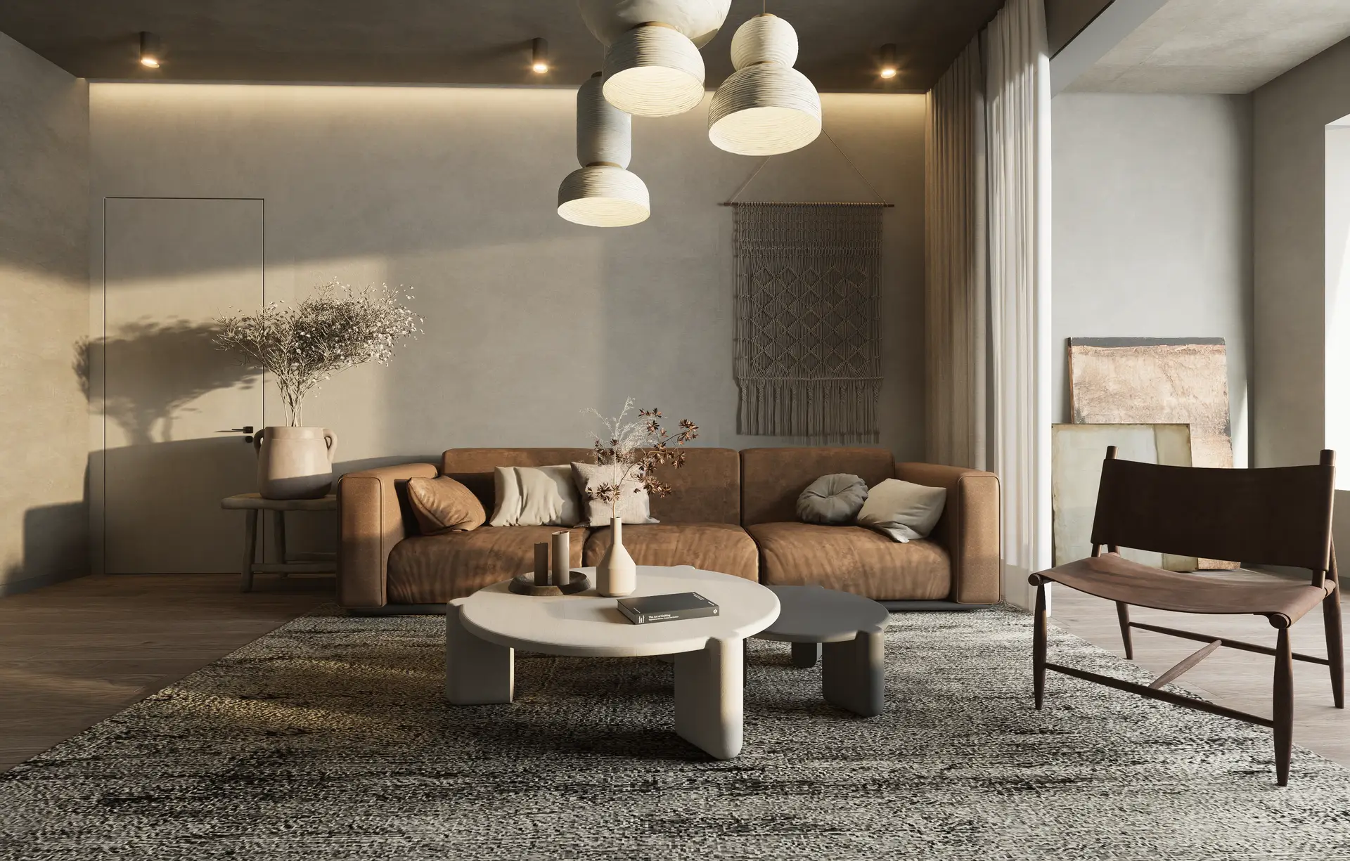 Spacious residential interior with bespoke architectural pendant lighting